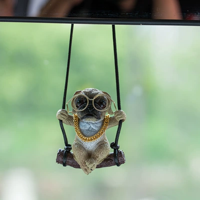 Car hanging – rearview mirror car pendant car - pug-gold-frame-glasses-gold-chain