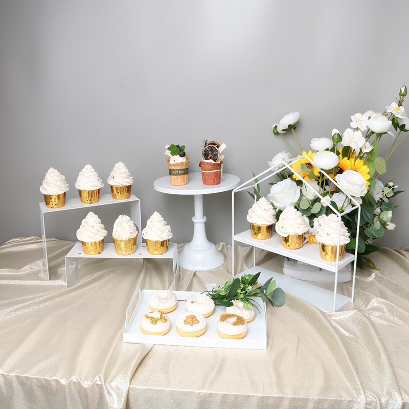 Tabla de postre de hierro forjado blanco pastel decoración estante de exhibición bandeja de boda estante de té de la tarde refrigerio estante comida fría pausa de té
