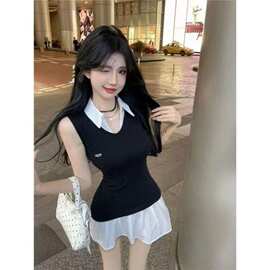 纯欲风辣妹撞色拼接假两件设计感衬衫裙女夏季小众修身显瘦短裙子
