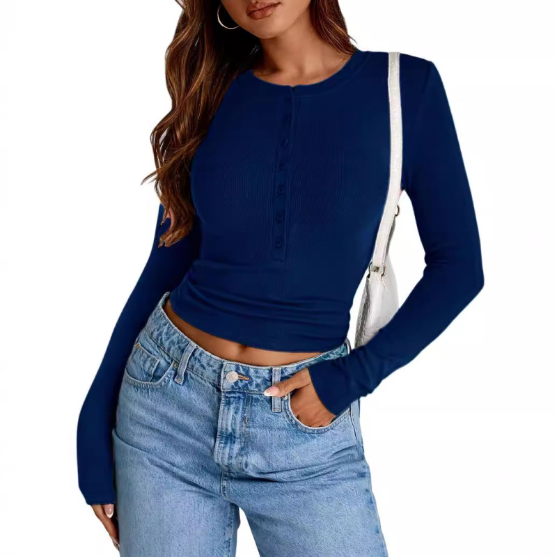 Cropped Top Ribbed Long-Sleeved V-Neck Button Slim-Fit Basic Casual T-Shirt Cropped Top Ribbed Long-Sleeved V-Neck Button Slim-Fit Basic Casual T-Shirt