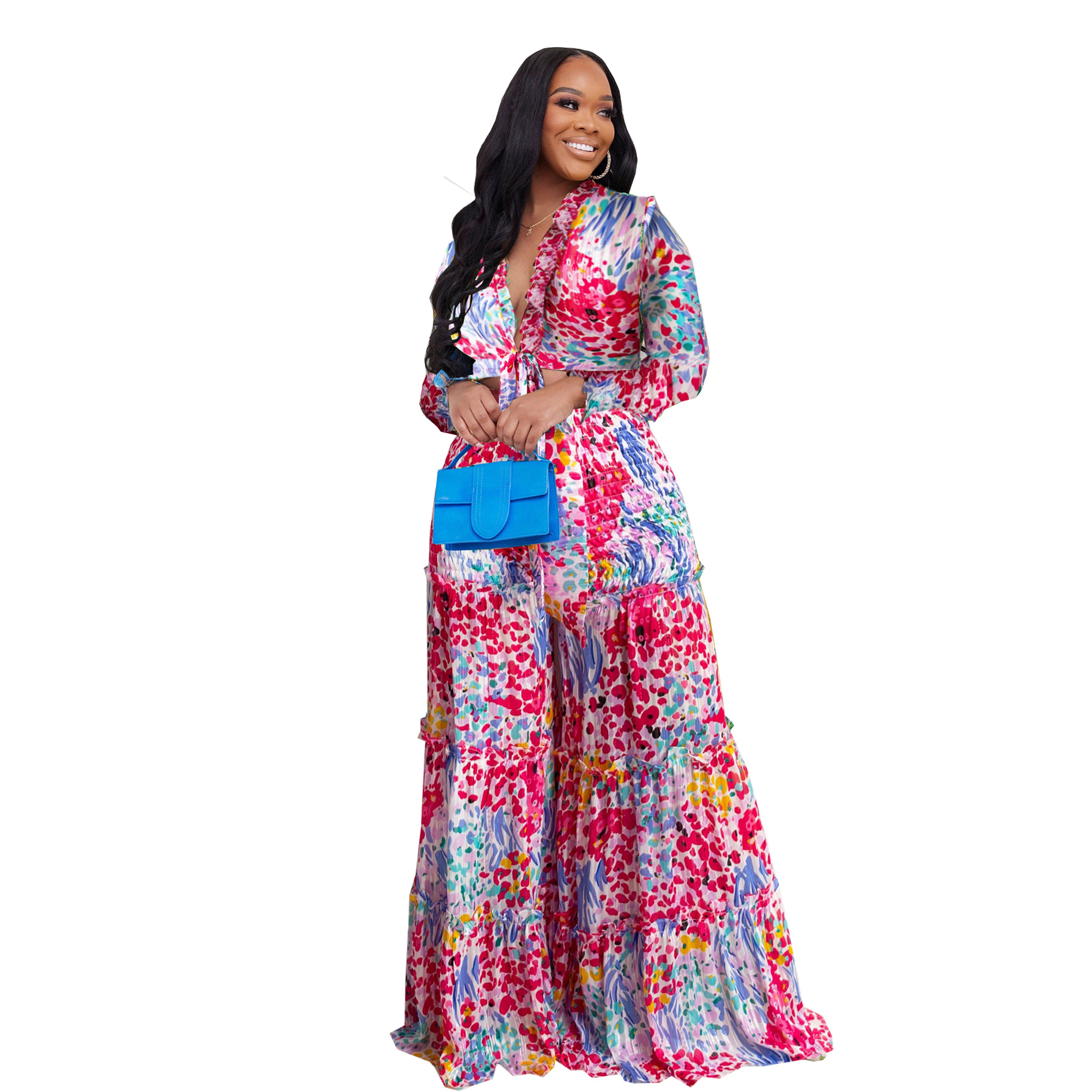 Women's Clothing fashion contrast color printed chiffon long sleeved lace up flared pants two piece suit _voghion.com