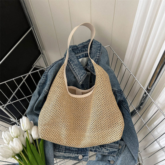 Internet Celebrity South Korea Ins Vintage Woven Tote Bag Straw Bag Large Capacity Underarm Bag Shoulder Bag Beach Bag Women