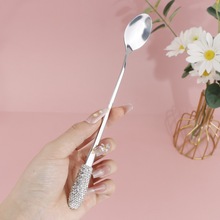 跨境爆款镶水钻长柄勺子简约时尚高颜值搅拌勺套装家用不锈钢勺子