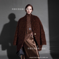 时髦云朵绒卷贵气V领波纹羊毛大衣女泰迪双面马海毛呢外套冬季新