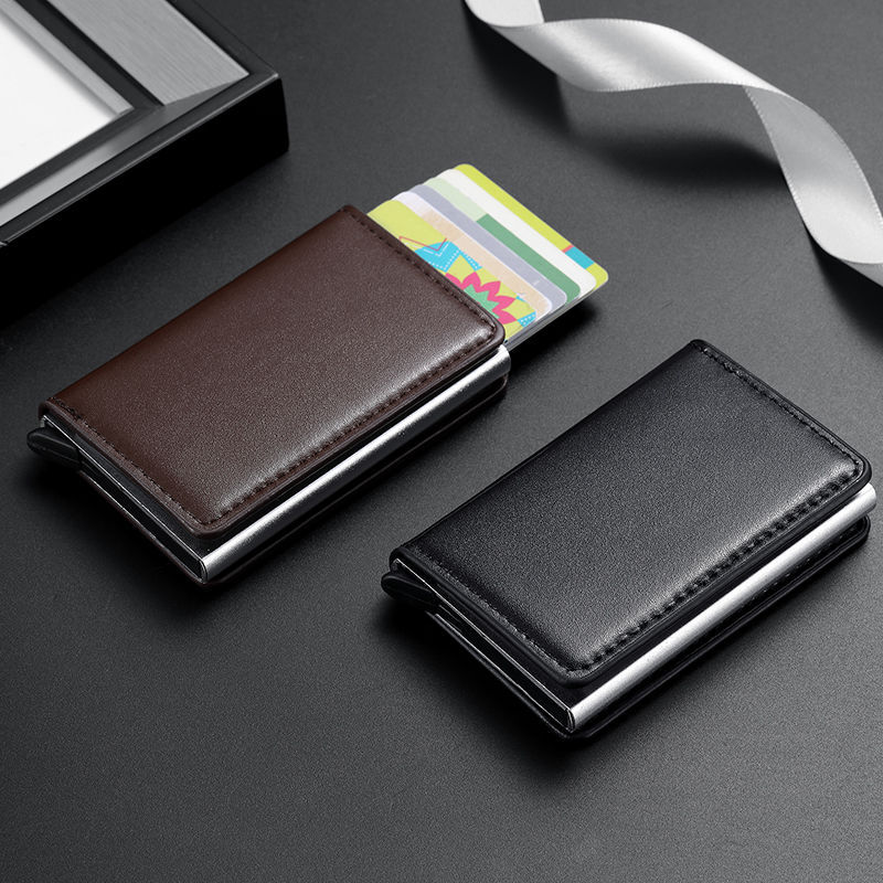 Cepillo antirrobo RFID automático titular de la tarjeta de crédito caja de metal de aluminio posición multi-tarjeta de los hombres bolsa de plata titular de la tarjeta