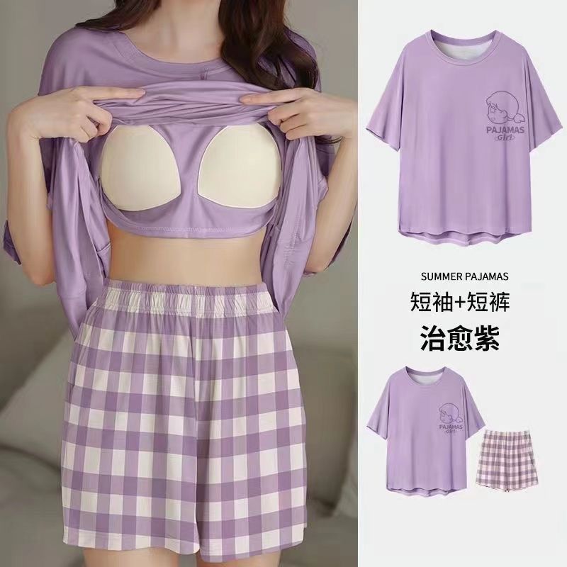 睡衣女夏季短袖套甜美带胸垫韩版卡通学生休闲宽松大码宿舍家居服|undefined