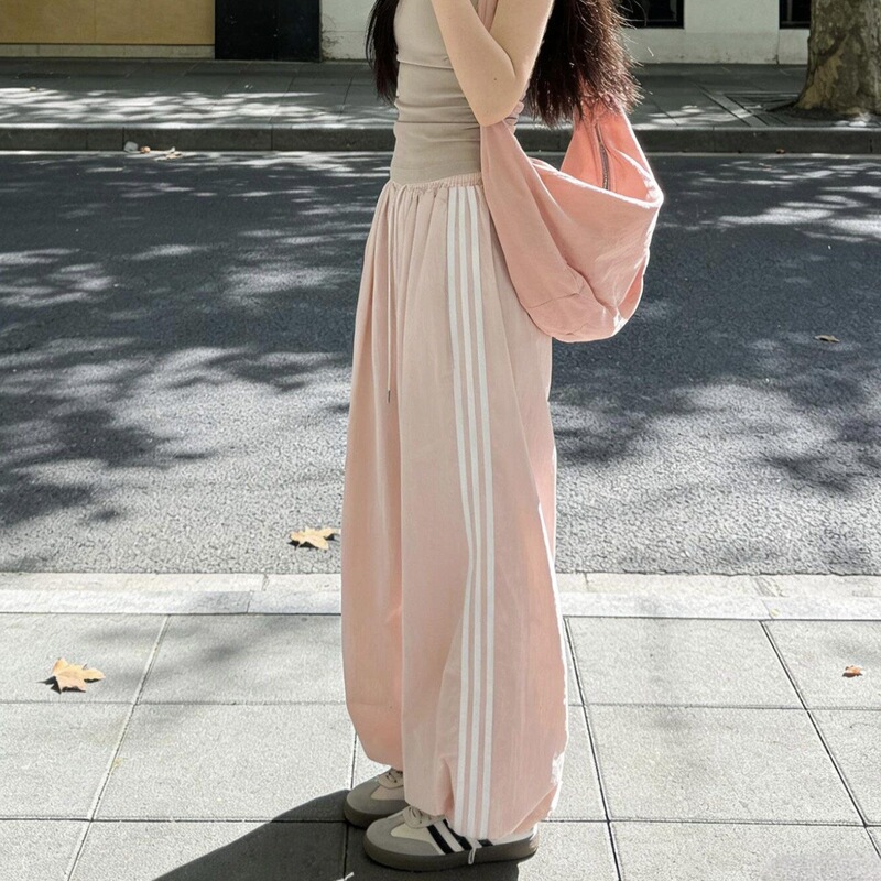 Celebrity-Inspired Summer Retro Three-Stripe Wide-Leg Jogger Pants for Women, Balloon Casual Pants, Thin, Breathable, Quick-Dry