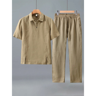 Long and Short Pants Suit New Chinese Style Linen Shirt Men's Summer New Short-Sleeved Loose Thin Solid Color Lapel Shirt