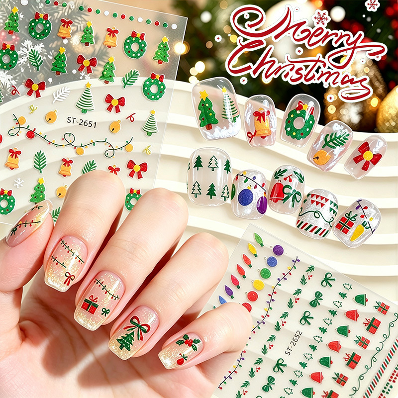 Cross-border nail art 3D embossed stickers, creating a Christmas atmosphere with a simple and versatile design, featuring Christmas trees and wreaths for nail decoration Cross-border nail art 3D embossed stickers, creating a Christmas atmosphere with a simple and versatile design, featuring Christmas trees and wreaths for nail decoration
