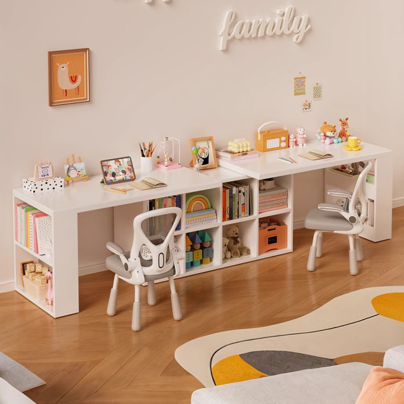 Children's Solid Wood Desk and Bookcase Integrated Wall-Mounted Home Student Study Table Double 2025 New Writing Long Table