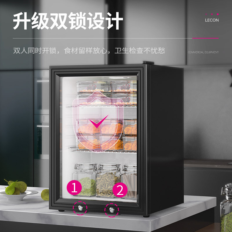 Gabinete de muestras de alimentos, comedor del hotel, refrigerador de muestras de platos, mantenimiento de frutas y verduras, vitrina refrigerada con cerradura