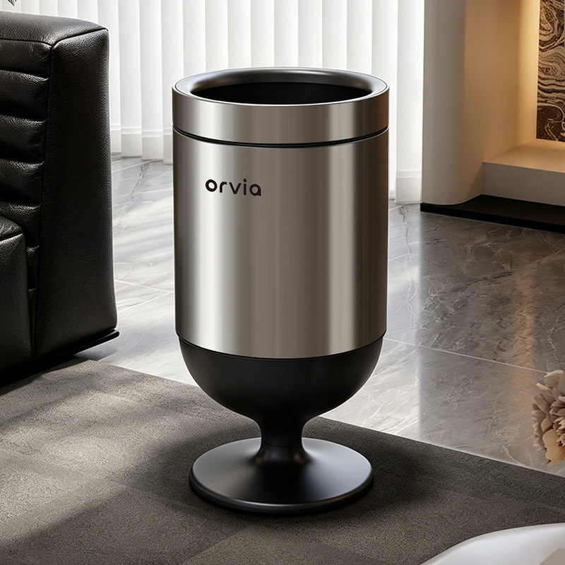 Stainless steel high-footed trash can for home use in living room and bedroom, light luxury press-type with lid, movable, large-capacity trash bin