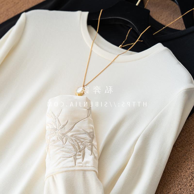 Sharp! Heavy fine embroidery! Long-staple cotton crew-neck long-sleeved T-shirt top women's single-wear bottoming