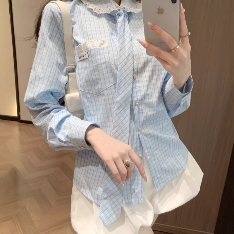 Mu's New Style Pocket Lace Patchwork Doll Collar Plaid Slim-Fit Shirt with Matching Plaid Tie, Casual Korean-Style Elegant Look Mu's New Style Pocket Lace Patchwork Doll Collar Plaid Slim-Fit Shirt with Matching Plaid Tie, Casual Korean-Style Elegant Look