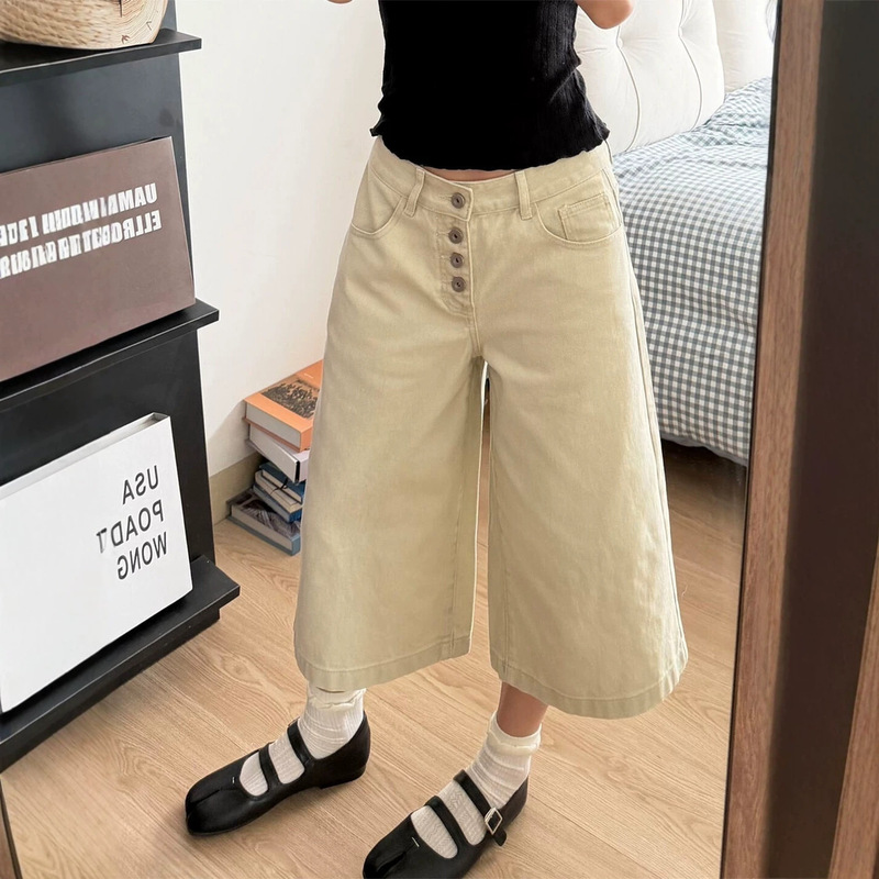 【Han Niu】Summer New Thin Style American High Street Khaki Denim Cropped Pants for Women, Narrow Version, Super Popular Wide-Leg Pants