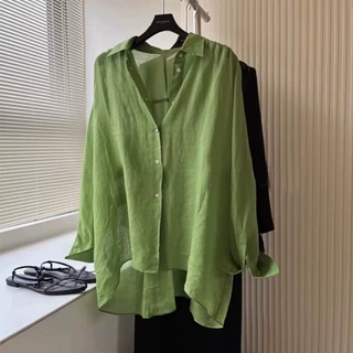 法式高级感绿色棉麻衬衫女夏季薄款宽松慵懒亚麻衬衣长袖防晒上衣