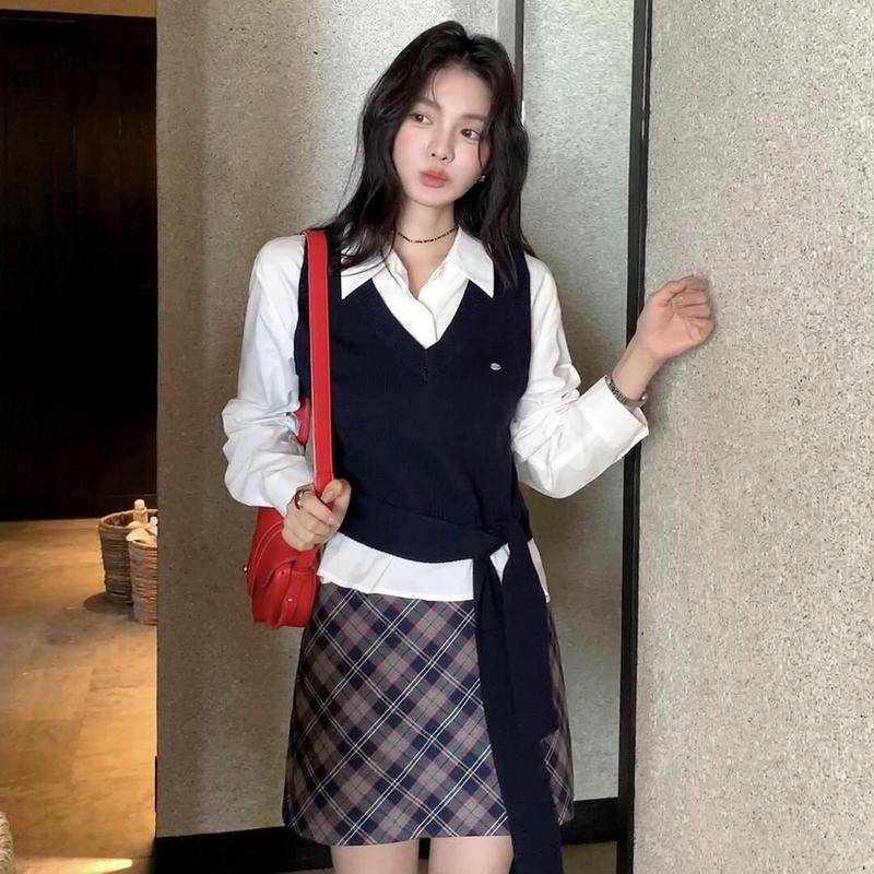 2025秋装新款针织马甲外穿遮肉叠穿韩系polo领衬衫学院风两件套女|undefined