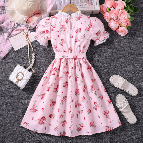 Children's clothing for girls aged 10-12, 2024 summer new fashionable printed dress for older children, princess short-sleeve dress and children's one-piece dress
