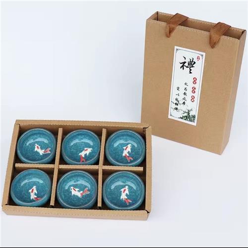 Dehua Manufacturer Wholesale Ceramic Ice Crackle Fish Cup, Box of 6 Cups, Gift Box Packaging for Gifting, Promotional Small Gift