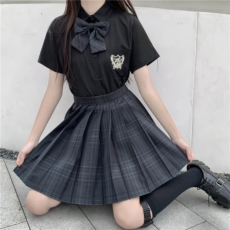 (2개) 카본 그레이 JK 유니폼 스커트 격자 무늬 스커트 풀 세트 일본 오리지널 대학 스타일 여름 다크 플리츠 스커트 짧은 스커트 정장