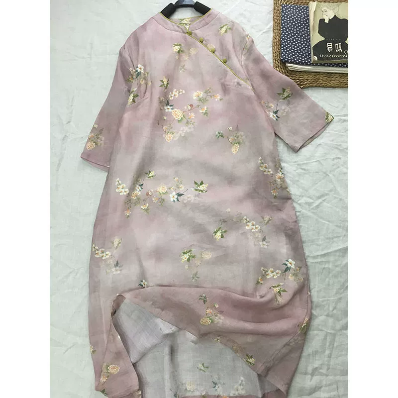 Распродажа, платье Cheongsam в китайском стиле из рами для женщин, летнее модное платье с воротником-стойкой с принтом