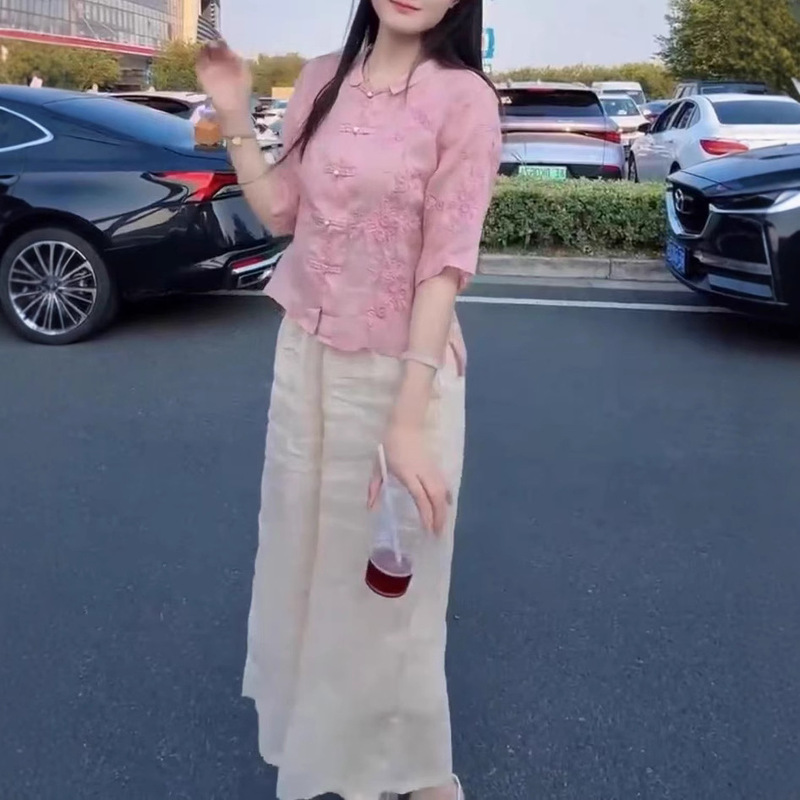 25676 新しい大愛美源 2025 夏の新しい中国風のボタン付きトップルーズワイドレッグパンツ女性用|undefined