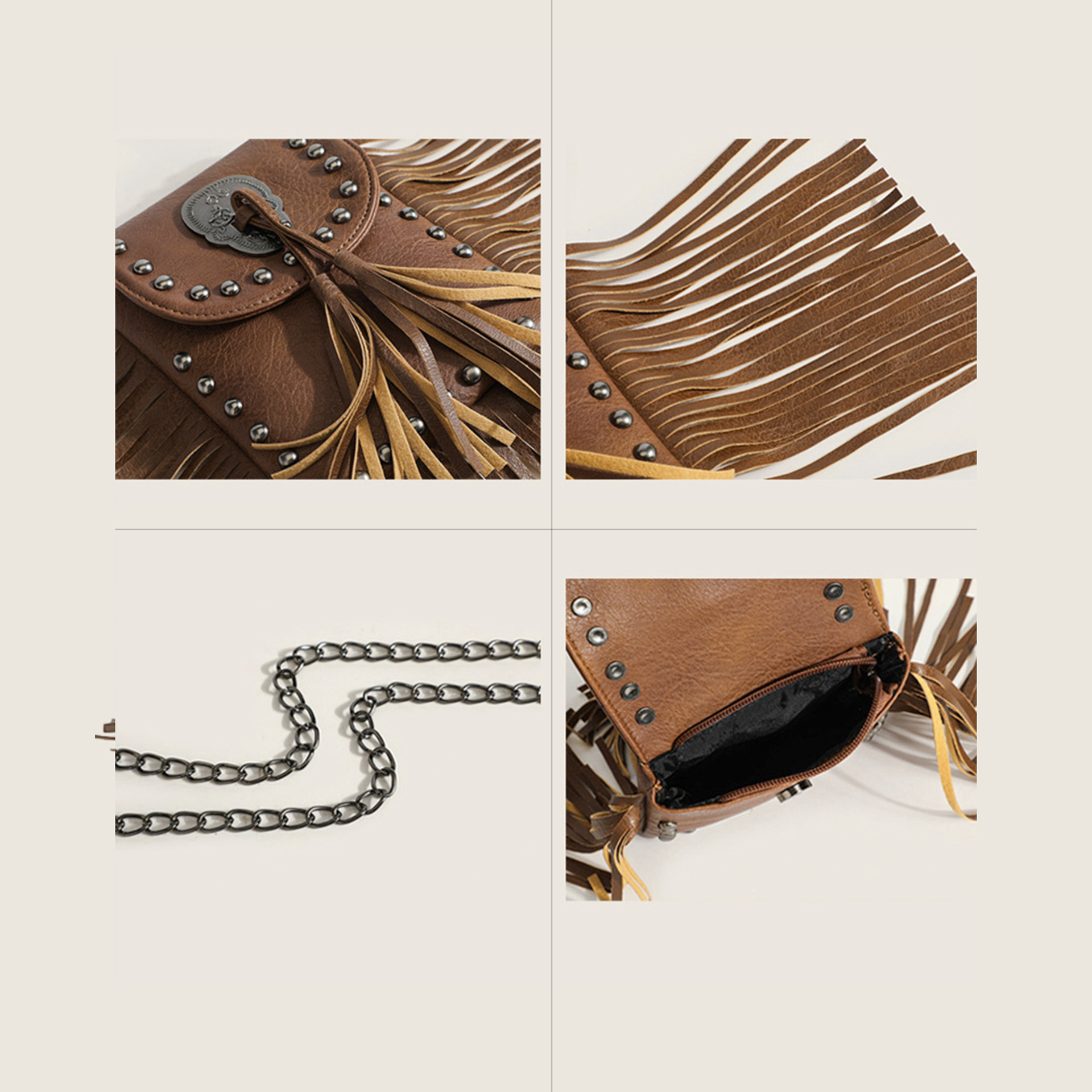 Portafoglio con nappe da donna, piccola borsa a tracolla da donna, borsa a tracolla con nappe, borsa a tracolla con nappe, borsa per cellulare personalizzata con rivetti con nappe retrò casual_voghion.com