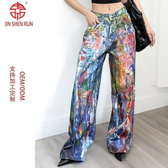 油画调色泼墨大码牛仔裤女3D小众设计感嘻哈宽松直筒阔腿拖地长裤