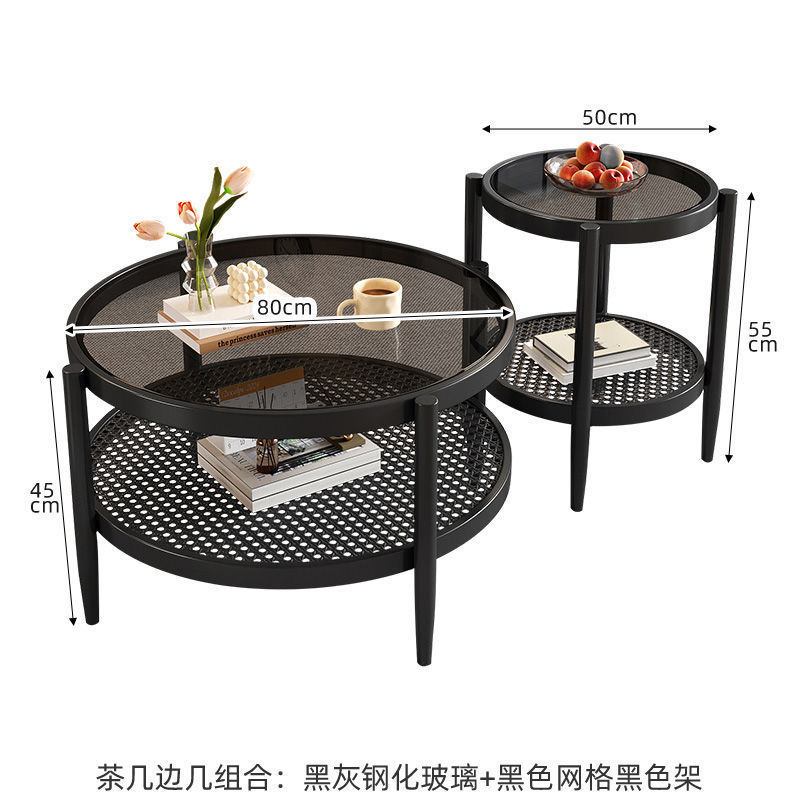 藤编茶几小户型茶几家用圆形茶几长虹玻璃双层茶几客厅组合小茶桌|undefined