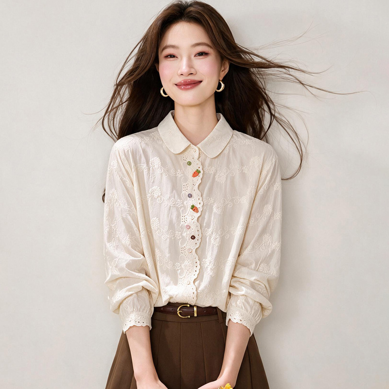 2026 Autumn New Doll Collar Pure Cotton Embroidered Shirt Women's Fashion Casual Colorful Button Shirt Commute Versatile Top 2026 Autumn New Doll Collar Pure Cotton Embroidered Shirt Women's Fashion Casual Colorful Button Shirt Commute Versatile Top