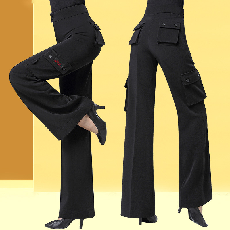 Black wide leg Latin dance pants for women girls  multi pocket ballroom latin salsa chacha practise long trousers straight pants for modern dance 