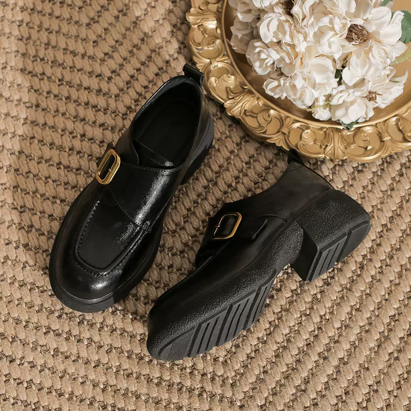 真皮英伦风黑色小皮鞋女圆头2025新款春秋厚底粗高跟一脚蹬乐福鞋