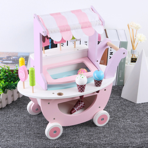 Wooden kitchen toy pretend play ice cream push cart child convenience cart toy supermarket simulation cart