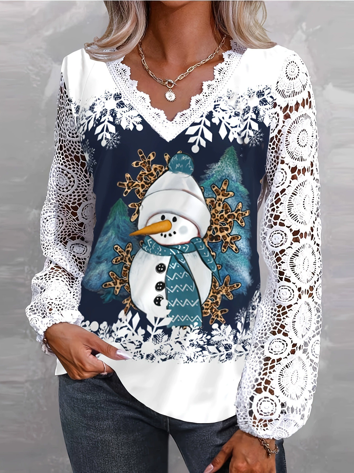 Женский элегантный рождественский кружевной топ со снеговиком и V-образным вырезом, длинный трансграничный