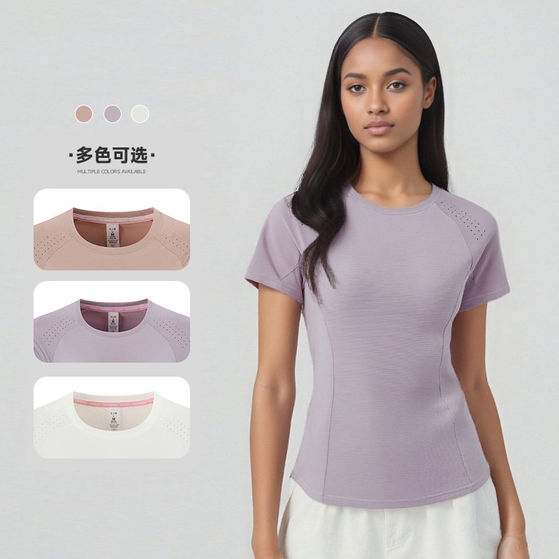 Europa y América transfronterizas camisetas de hielo de secado rápido delgado agujero de acondicionamiento físico transpirable de manga corta camisetas de yoga deportivas