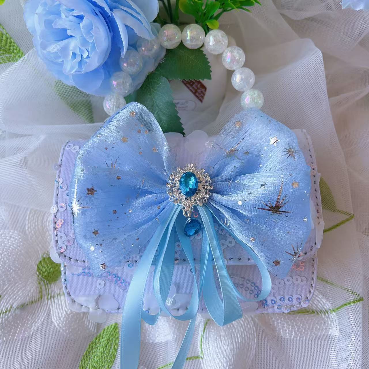 Bolso de lazo para niños Bolso de mensajero de flor de rosa de verano Bolso de princesa portátil de perlas para niñas Monedero de fragancia pequeña