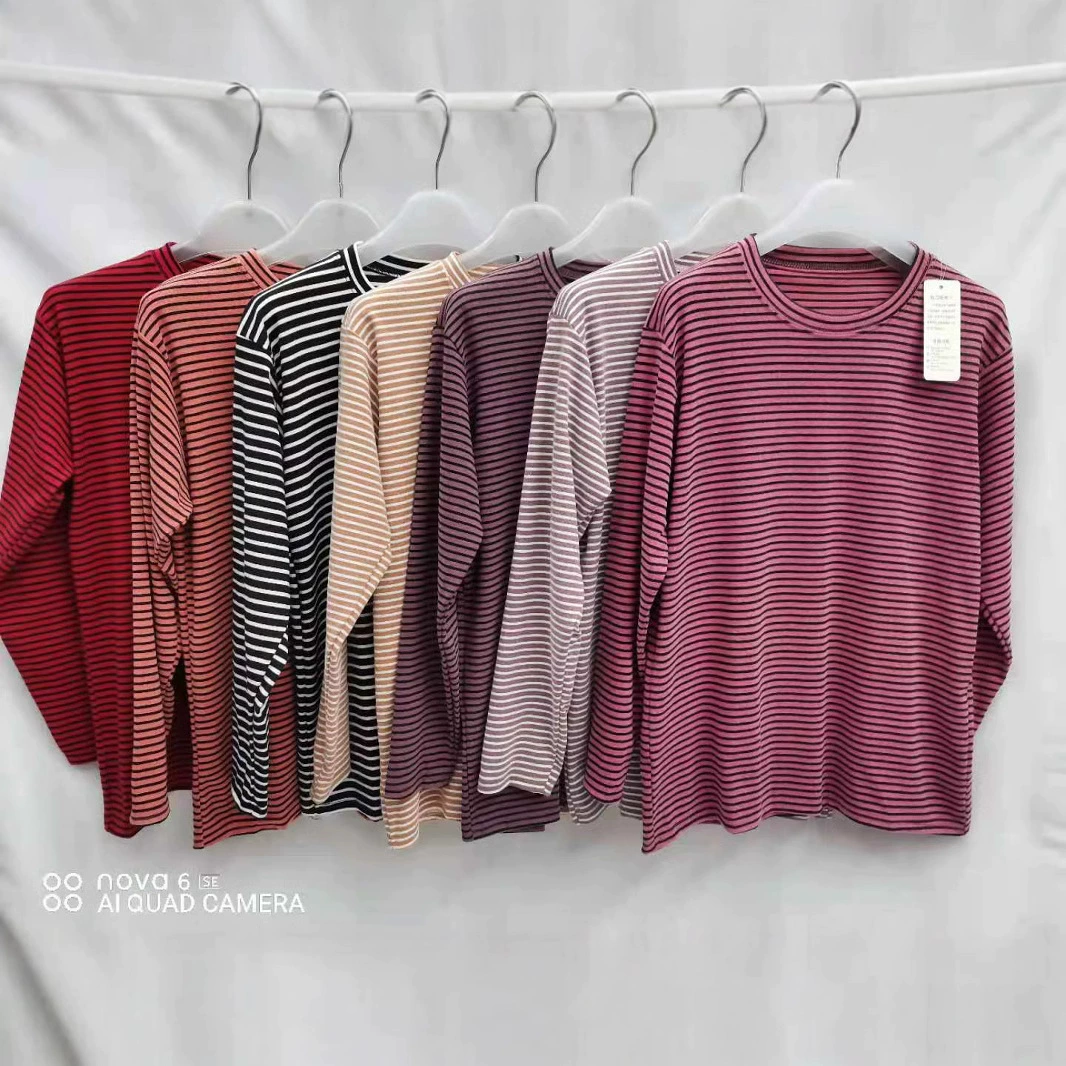 Женская весенняя короткая тонкая полосатая топ среднего возраста в полоску с низким воротником нижняя рубашка летняя тонкая футболка с длинными рукавами