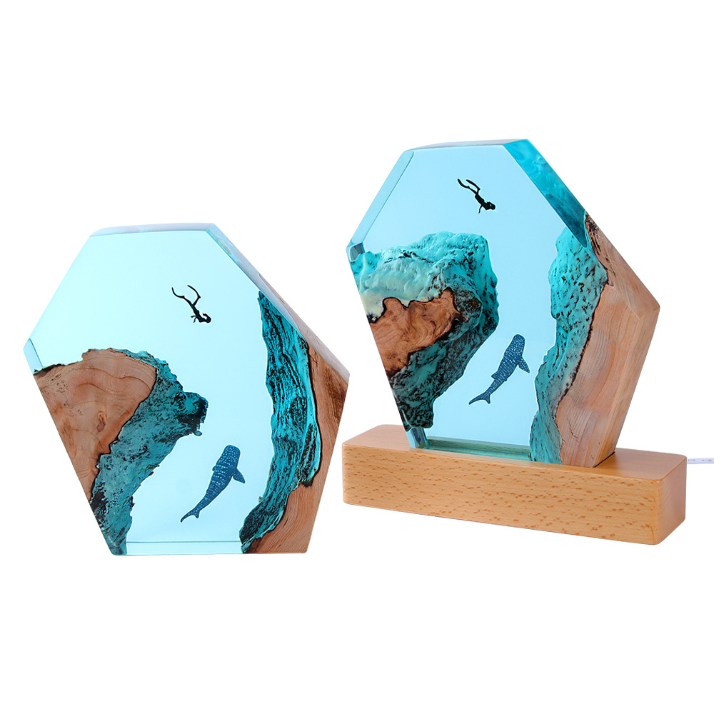 Ocean Karst Cave Whale Diver Desktop Decoration Creative Lamp Holders Solid Wood Resin Nightlight Birthday Gift Jewelry