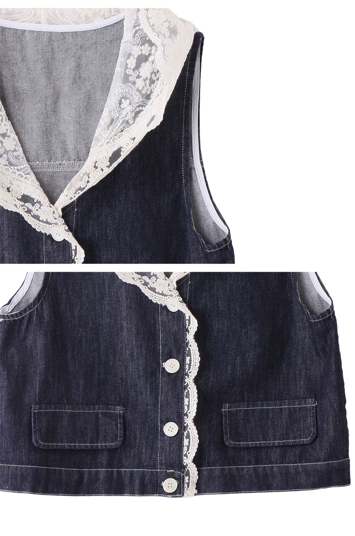 Bộ ba mảnh denim mùa hè 2026: áo khoác không tay mũ liền ren + áo thun + quần ống suông — Màu ảnh chi tiết 22