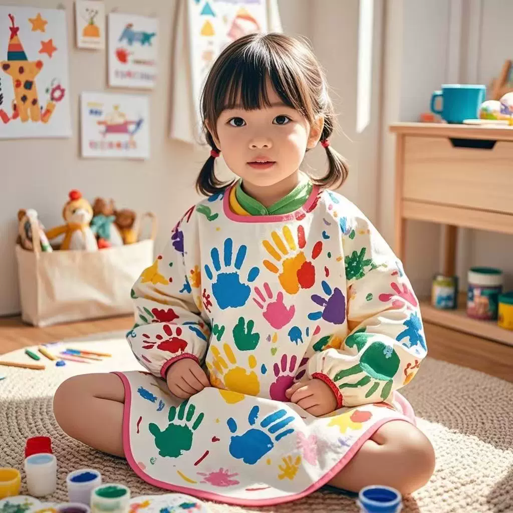 跨境儿童画画罩衣防水长袖幼儿园美术绘画反穿衣围裙宝宝吃饭围兜