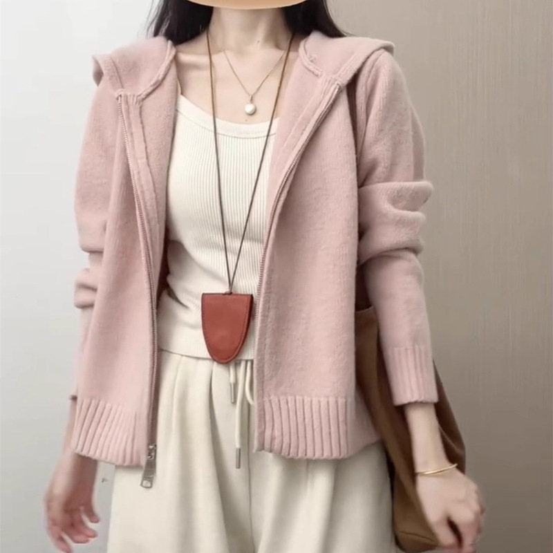 美式复古半开衫纯色连帽毛衣女秋冬季宽松慵懒风软糯针织衫外套女|undefined