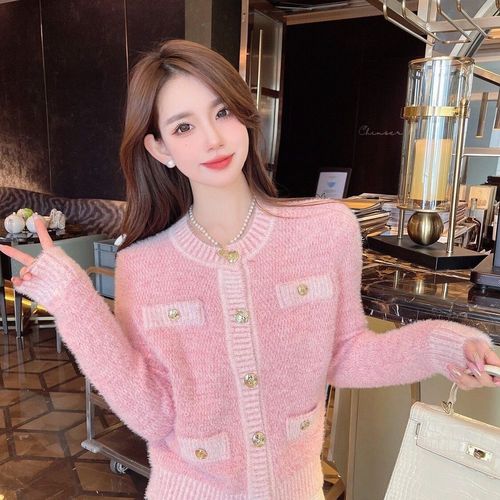 High-quality faux mink cashmere lightweight knitted sweater with soft and feminine style, beautiful pink chiffon, regular size