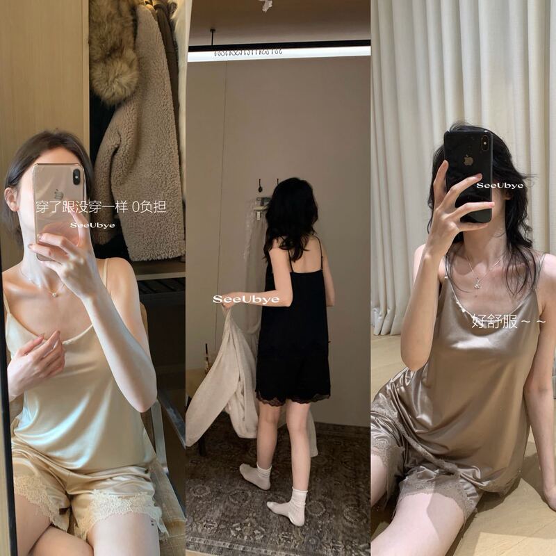 Metwo Boxed Thin Camisole Shorts Pajamas Satin Sexy Cool Silky with Chest Pads Pure Desire Summer Cross-Border