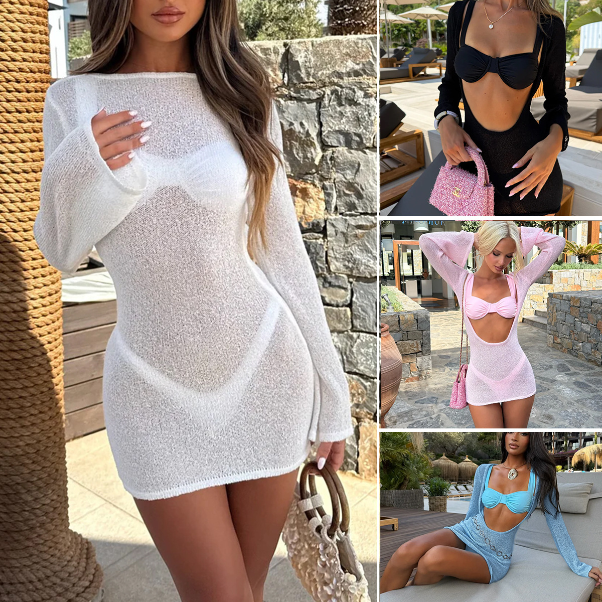 Cross-Border New See-Through Swimsuit Sexy Two-Wear Beach Vacation Knitted Solid Color Exposed Backpack Hip Short Skirt Blouse for Women