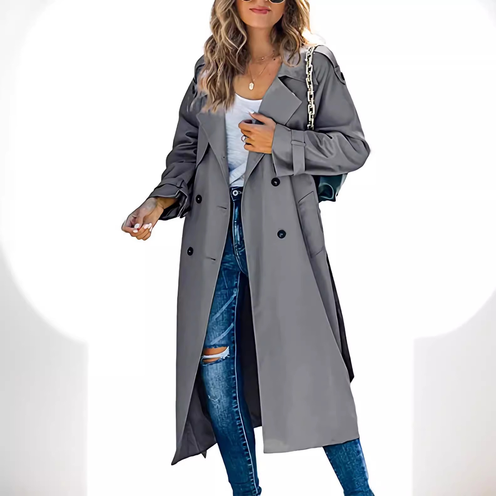 Elegant Women's Trench Coat With Lapel Collar - Long Sleeve Casual Overcoat For Autumn & Winter - Pure Color Fashion Outerwear_voghion.com