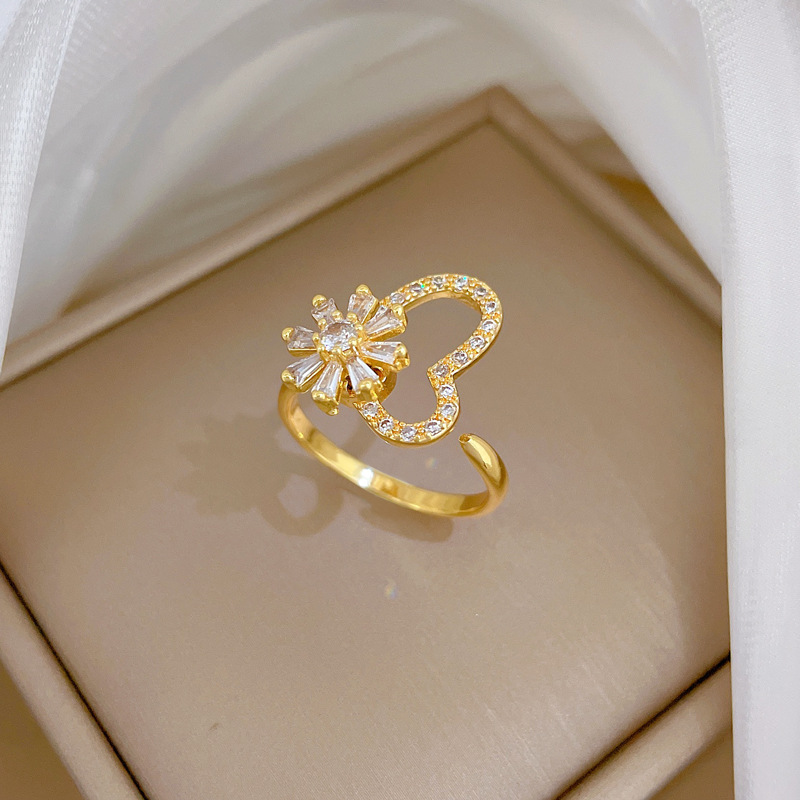 Rotating Flower Zircon Ring Personalized Adjustable Couple Ring_voghion.com