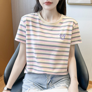 Crewneck Striped T-Shirt Women's Short-sleeved Cotton Loose Slim Summer 2025 New Arrival Half-sleeved All-match T-shirt Top