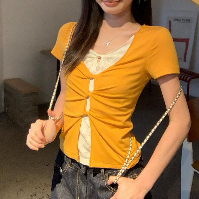Cross-Border Mango Yellow Faux Two-Piece Lace Short-Sleeve T-Shirt for Women, Summer Twist Slim-Fit Top, Base Shirt Cross-Border Mango Yellow Faux Two-Piece Lace Short-Sleeve T-Shirt for Women, Summer Twist Slim-Fit Top, Base Shirt