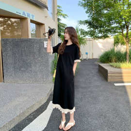 跨境 2026夏遮肚显瘦圆领连衣裙子女宽松短袖长裙A字裙胖mm200斤