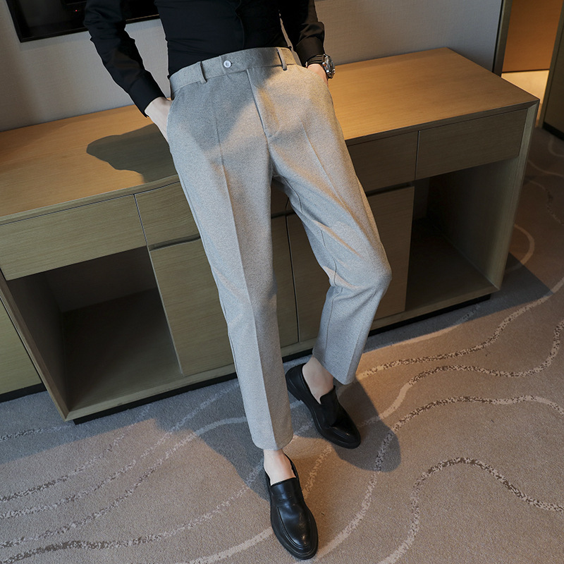 Winter Cropped Woolen Trousers Men's Straight Retro Brown Elasticated Slim-Fit Smooth Woolen Brown Casual Pants